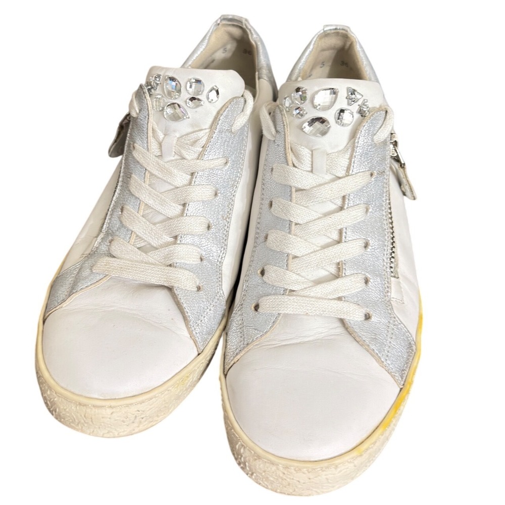 Paul Green White Leather Metallic Silver Crystal Embellished Zip Sneakers 7.5"